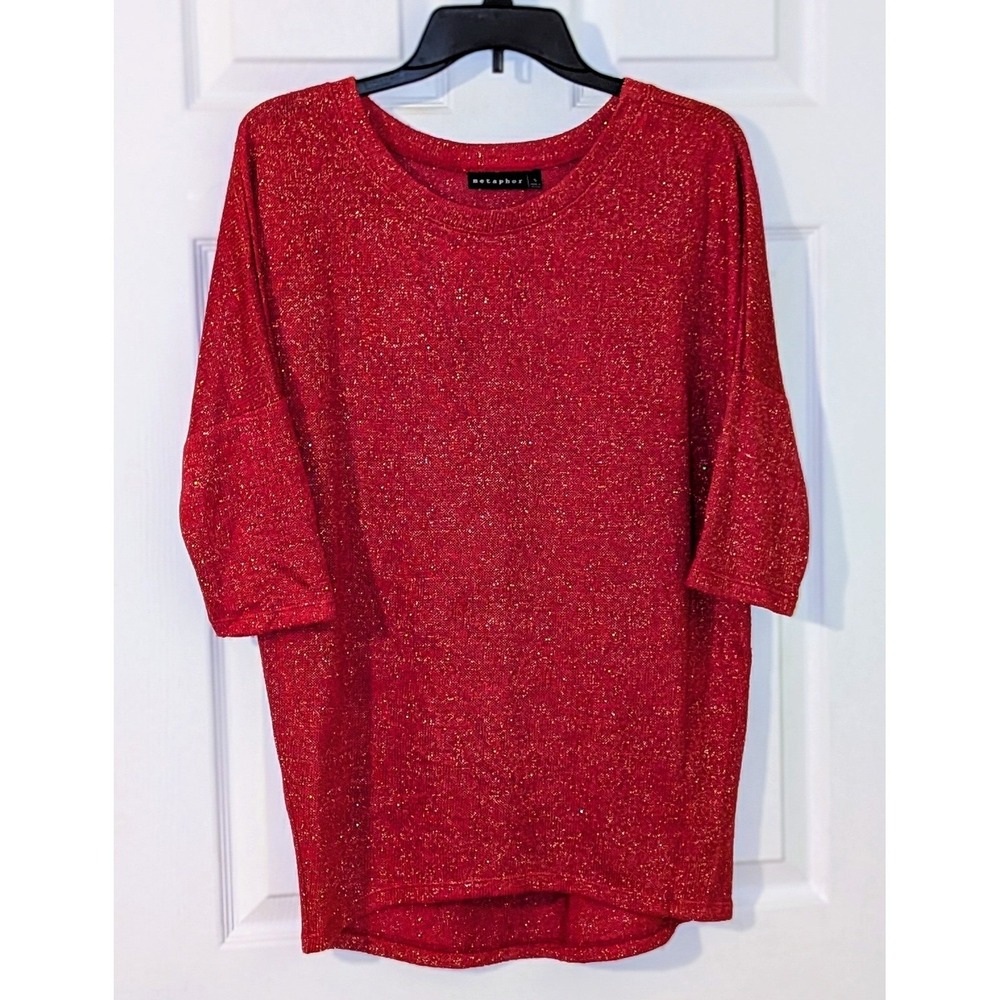Metaphor Women Red Sparkle Knit 3/4 Sleeve Top Shirt Size S NWOT‎